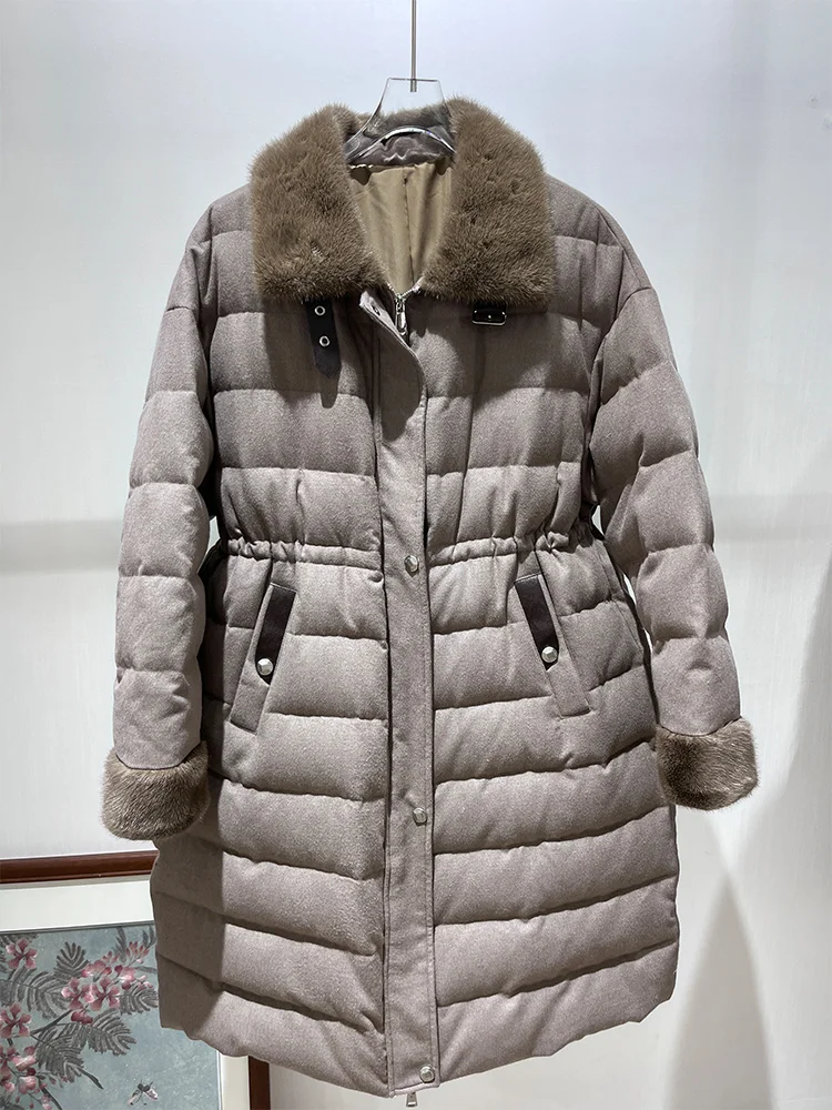 2025 여성 겨울 따뜻한 리얼 밍크 퍼 칼라 구스 다운 재킷 캐시미어 울 재킷 여성 아우터 코트 패딩 재킷