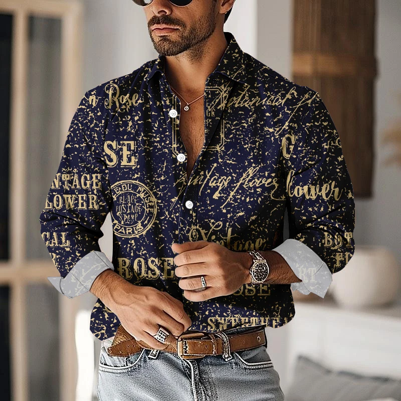 2024 Casual Men's Shirts Street Trend Letter Print Lapel Long-sleeved Shirt Daily Men's Clothing Plus Size Button Up Shirt Top