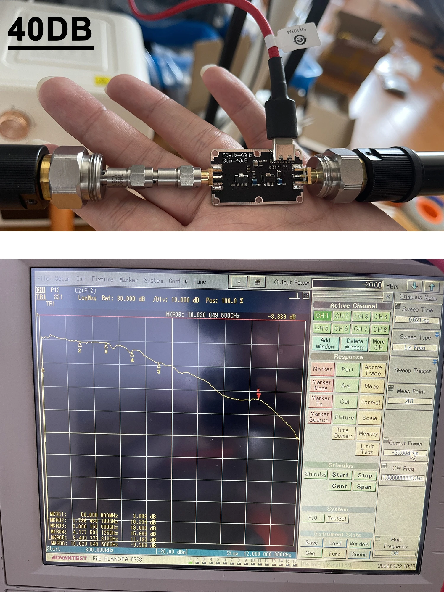 Receptor do sinal da movimentação do RF, amplificador alto do nivelamento, 50MHz-6GHz, 10DB, 20DB, 30DB, 40DB, 433MHz, 915MHz, 1.2Ghz, 1.5Ghz, 2.4Ghz, 5.8Ghz