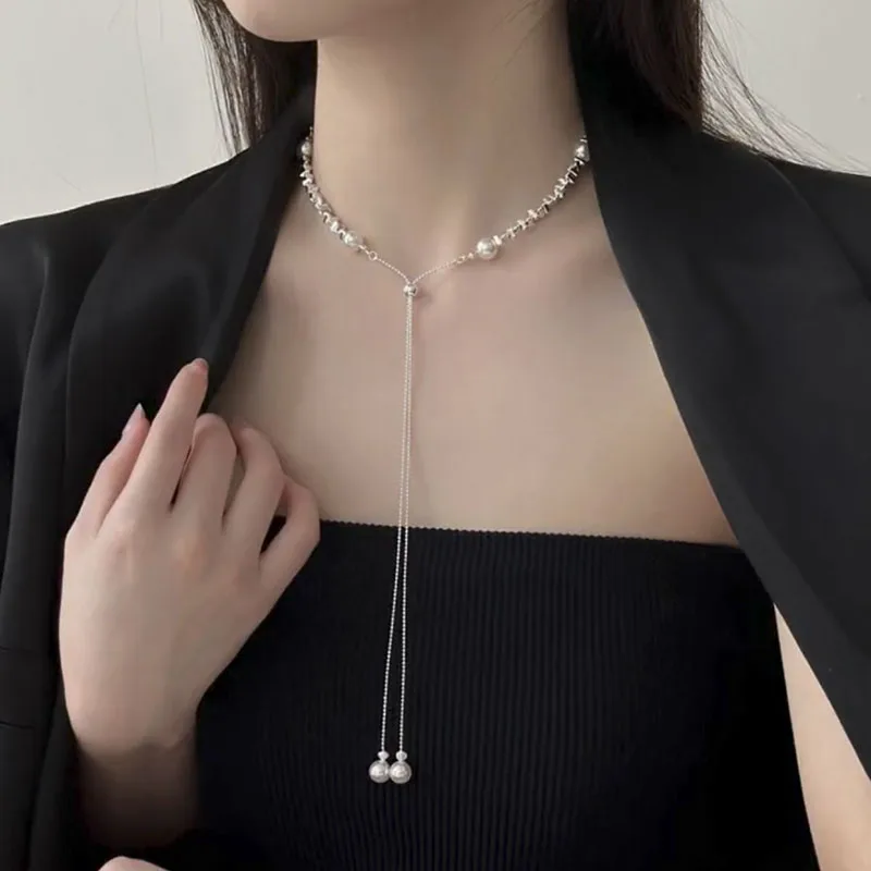 

2024 New Fashion Women's Long Tassel Adjustable Silver Chip Pearl Necklace Elegant Minimalist Choker Locket Trendy