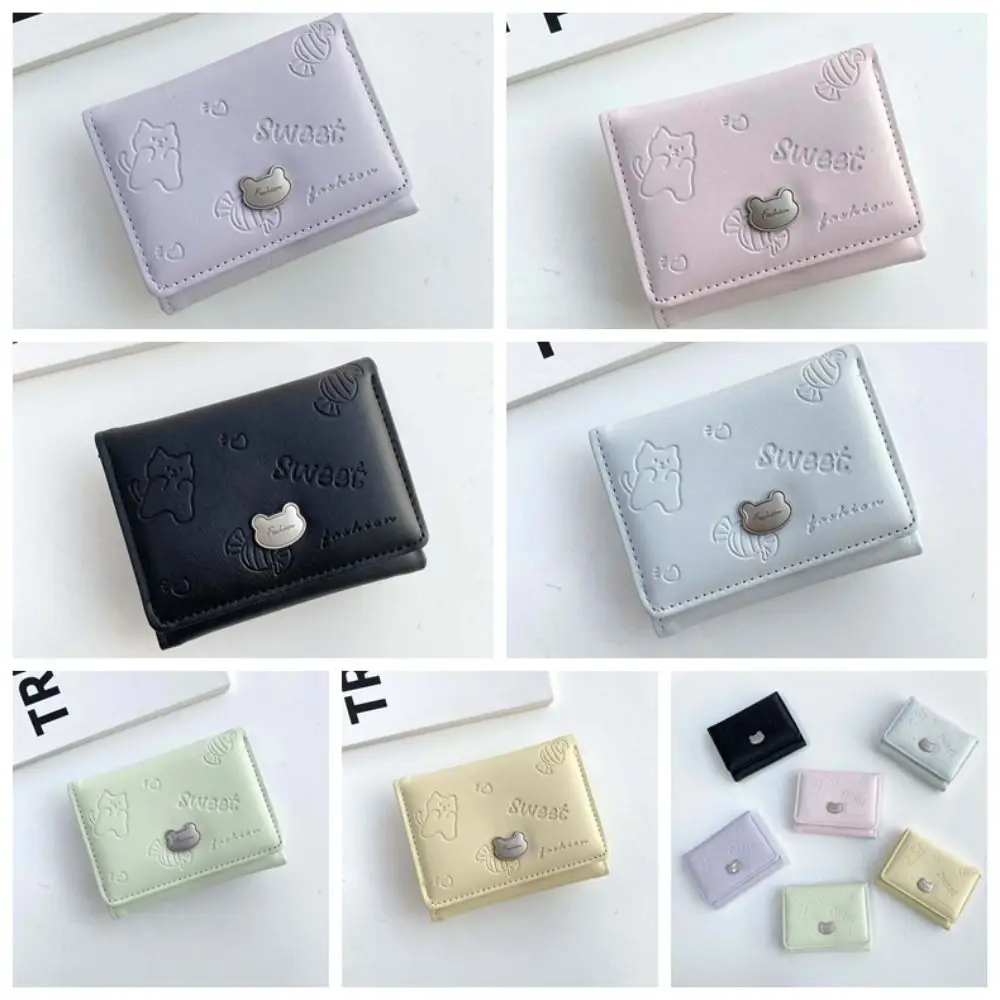 

Portable Cartoon Cat Purses PVC Snap Button Lady Short PU Wallet Candy Color Anti-Splash Water Triple Fold Card Bag School