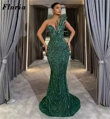 Dubai Designed Green Mermaid Evening Dresses Elegant Strapless Beaded Sequins Wedding Party Gowns Customized Prom Dinner Dress