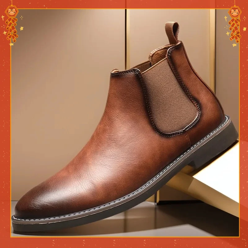 

Men's Chelsea Boots 2025 Fashion Black Brown Mens Boots Brand Retro Comfortable PU Leather Ankle Boots Men Luxury Designer Shoes
