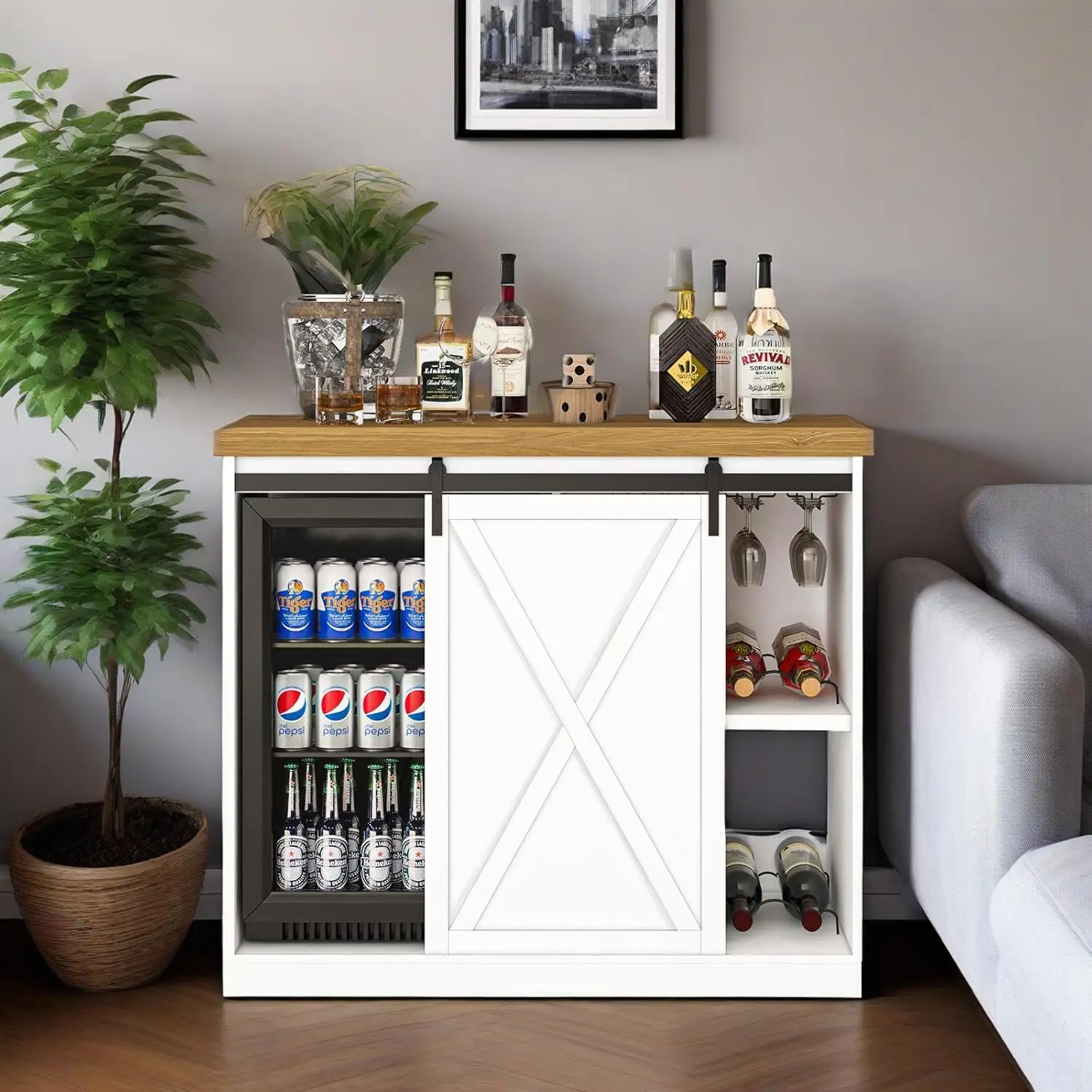 

Coffee Bar Cabinet with Fridge Space, Farmhouse Wine Cabinet with Rack, Power Outlet for Kitchen Dining Room Living, Customized