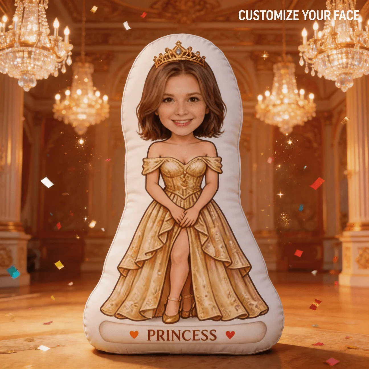 Custom Photo Princess Style Shaped Pillow, Personalized Face in Golden Gown And Crown Decorative Cushion, Unique Home Decor Acce