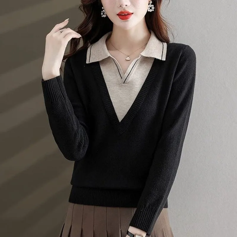 Spring and Autumn Fashion Trend Polo Collar Color Matching Versatile Loose Fake Two Piece Westernized Women\'s Knitted Sweater