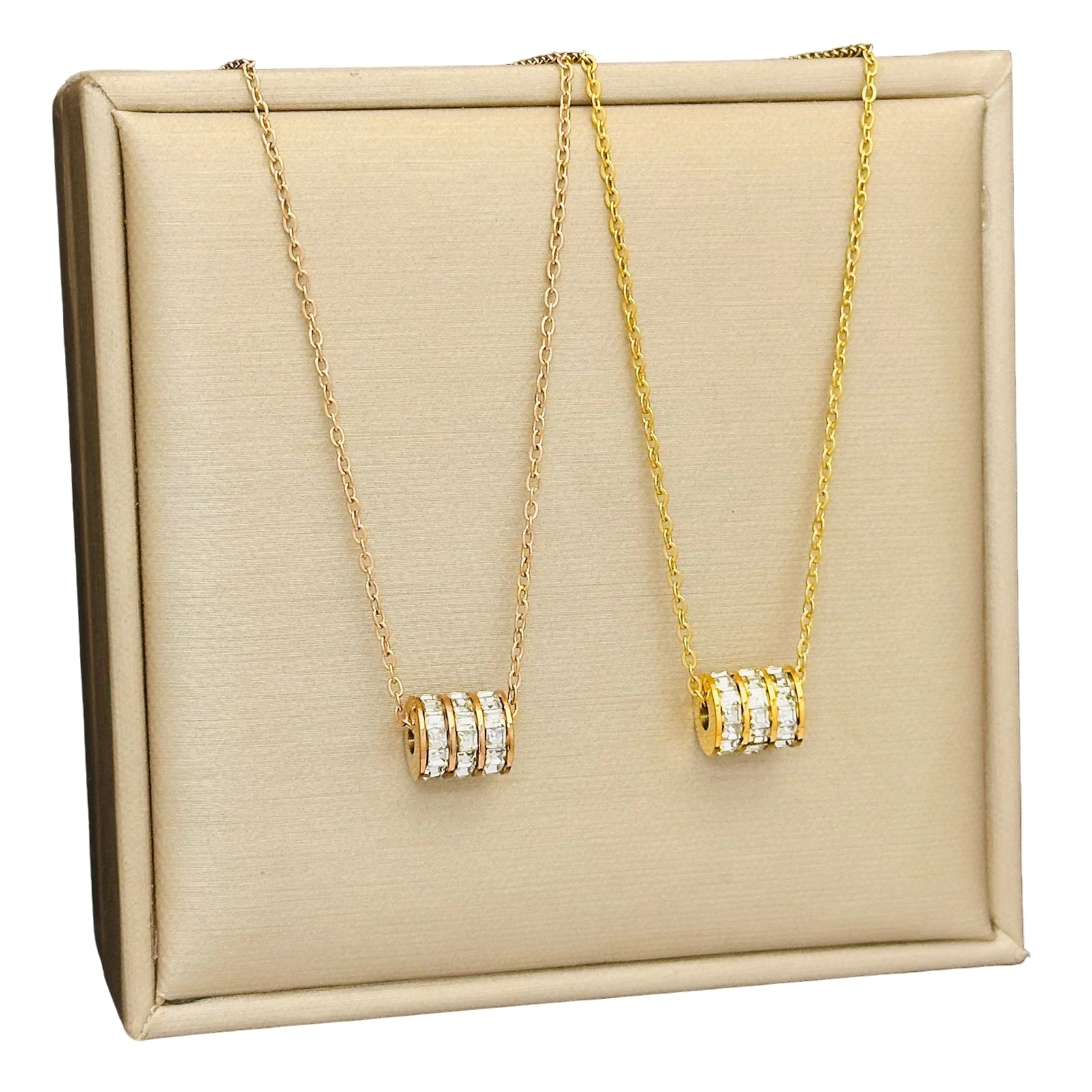 Dreireihige Kubische Zirkonia Zylinder-Anhänger Halskette Edelstahl Fassperlen Schlüsselbeinkette Damen Modeschmuck Geschenk – Detail 1