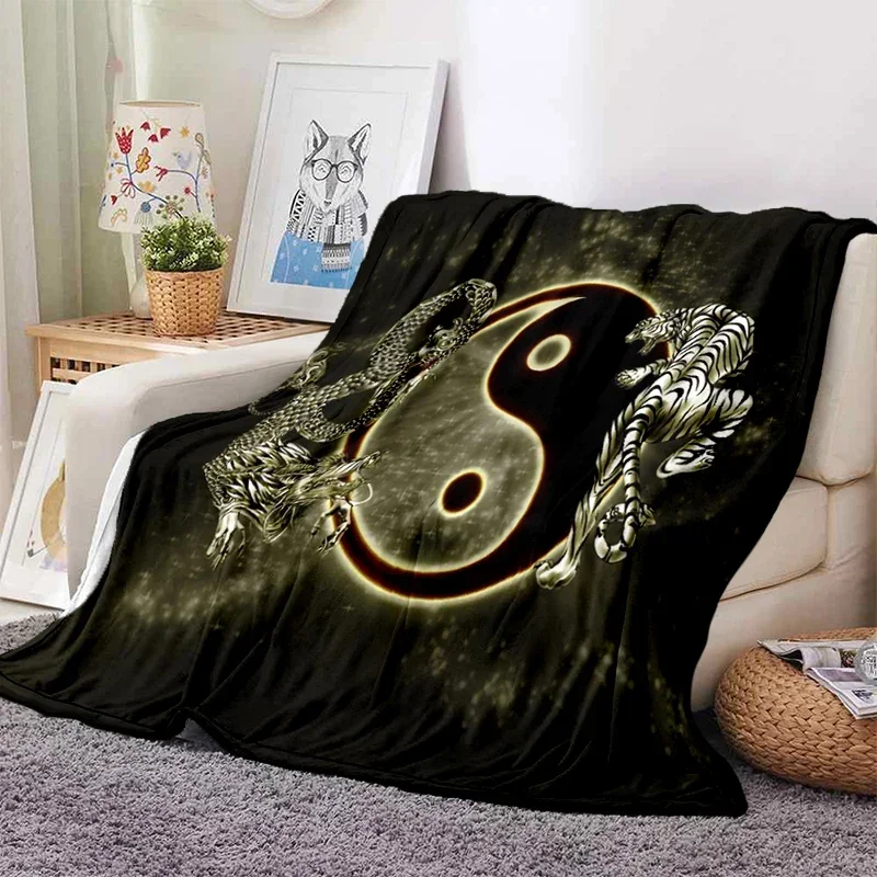 3D Print Dragon Yin and Yang Flannel Throw Blanket for Teens Boys Gifts Soft Lightweight for Sofa Bed Couch King Size Bedspread