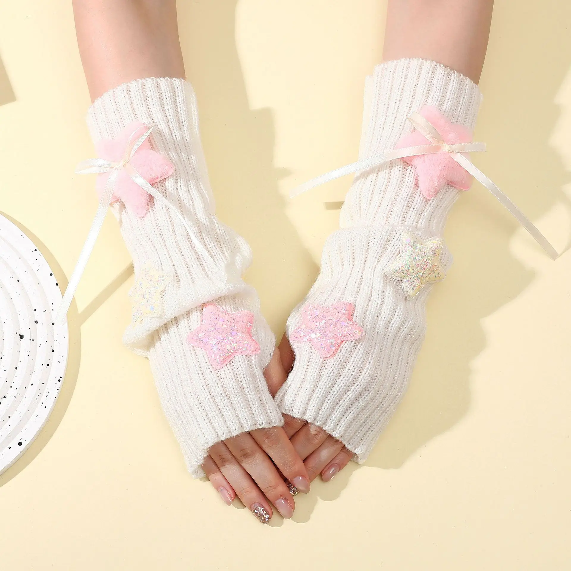 Plush Star Arm Sleeve Women's Autumn and Winter College Style Y2k Pile of Fingerless Sleeves Knitted Warm Fake Sleeves