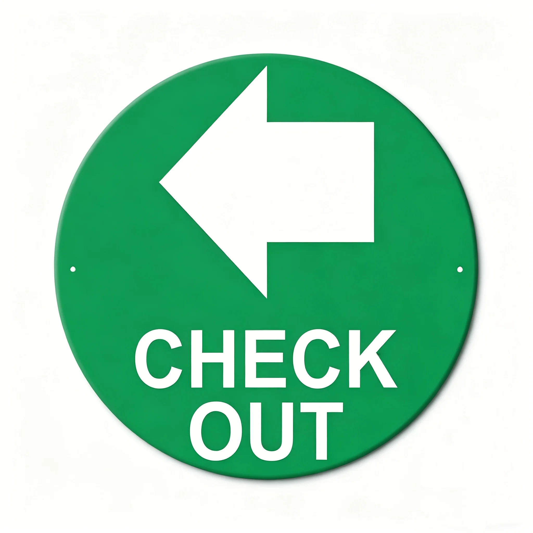 2D Flat Round Aluminum Check Out Left Arrow Directional Sign Green Background Retail Store Hotel Entrance Guide Decor Plaque