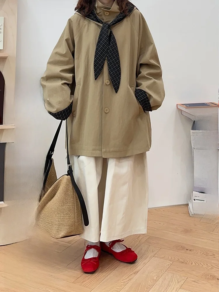 

Casual Korean Sle oulder awl Hooded Plaid Coat Commuter Versatile Stand Collar Scorpion in the Water Bottle Outerwear