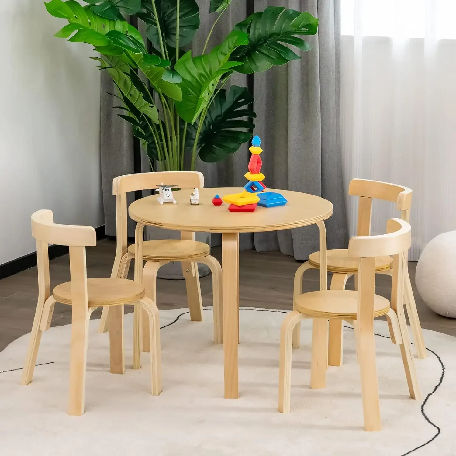 Conjunto de mesa e cadeira infantil, mesa de atividades de madeira de 5 peças com 4 cadeiras, tijolos de brinquedo, móveis de creche para sala de jogos em sala de aula