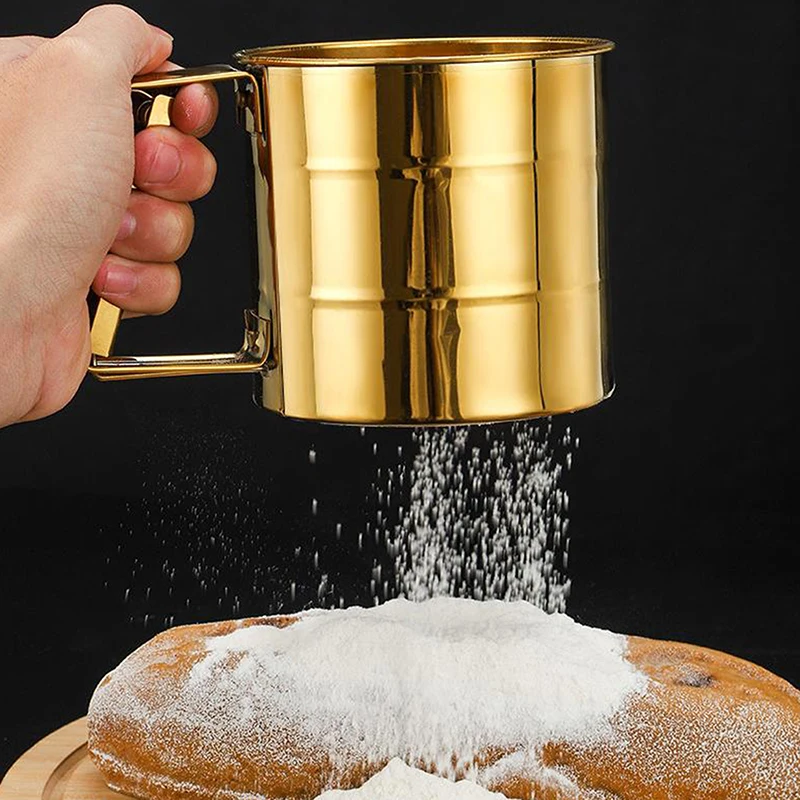 Полуавтоматическое сито для муки с мелкой сеткой и измерительной шкалой, сахарный фильтр из нержавеющей стали, сито для чашки, кухонное сито для выпечки Полуавтоматическое сито для муки с мелкой сеткой и измерительной шкалой, сахарный фильтр из нержавеющей стали, сито для чашки, кухонное сито для выпечки