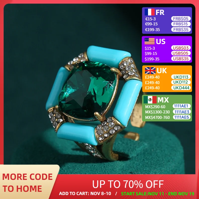 

Antique Jewelry Emerald Green Crystal Vintage Rings Sea Blue Enamel Square Natural Stone Designer for Women Accessories 2025 New