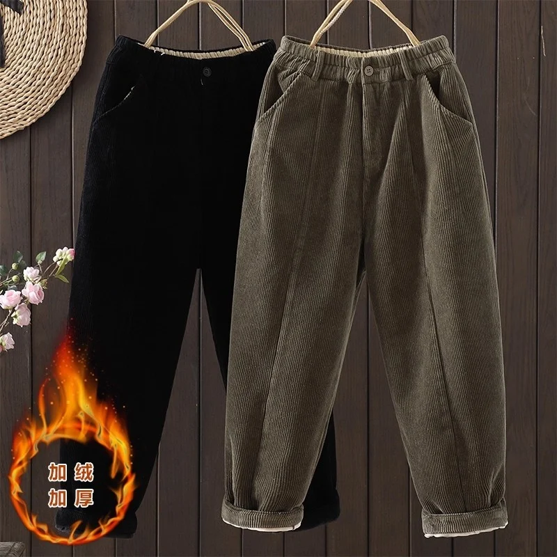 

Флисовые зимние новые вельветовые брюки с эластичной резинкой на талии, утепленные однотонные женские однотонные хлопковые брюки, теплые w1581