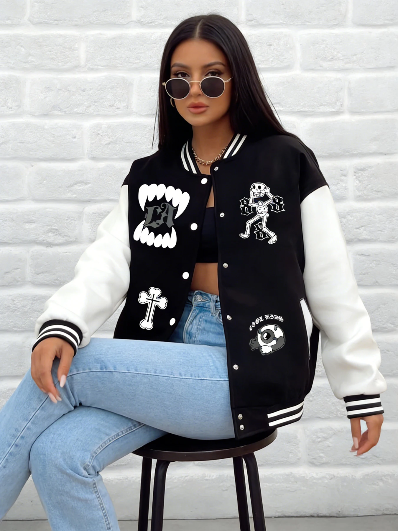 Damska kurtka baseballowa LA Fang z grafiką szkieletu, fajny, zabawny wzór, luźny krój, odzież wierzchnia, casualowa odzież uliczna, do noszenia na co dzień.
