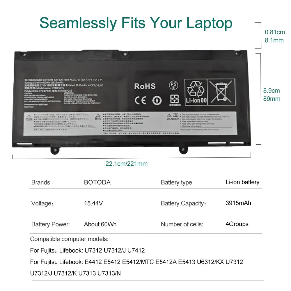 BOTODA FPCBP594 FPB0363S FMVNBP256 Laptop Battery for Fujitsu Lifebook U7312 U7412 E4412 E5412 Series 15.44V 60Wh 3915mAh
