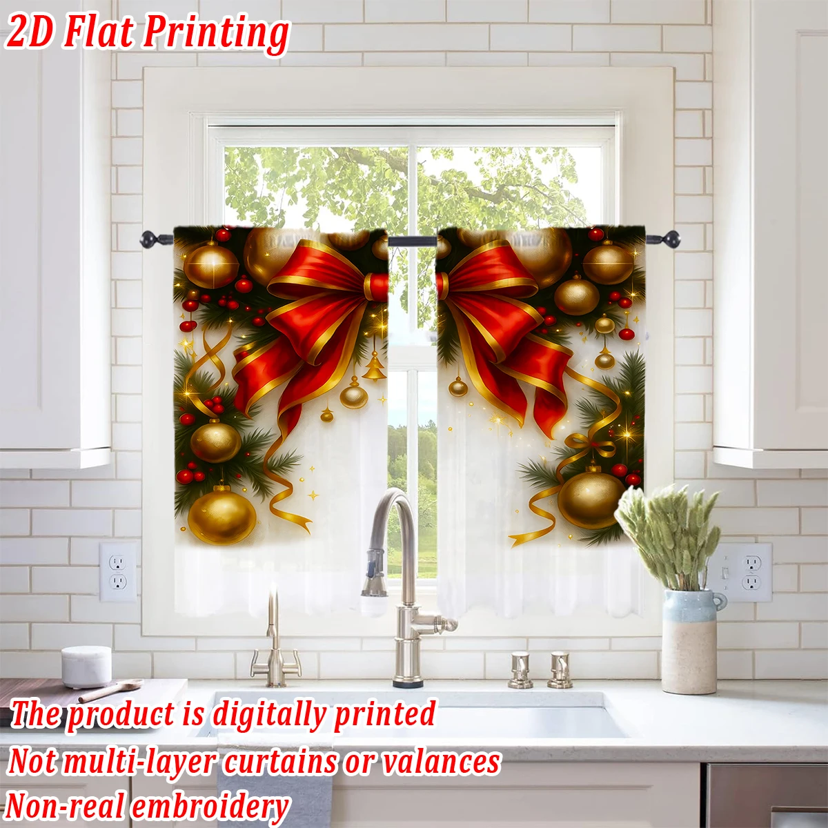 Christmas Flat Printing Kitchen Sheer Curtain with Merry Christmas Ball Bow Ribbon For Christmas Home Decor  Party