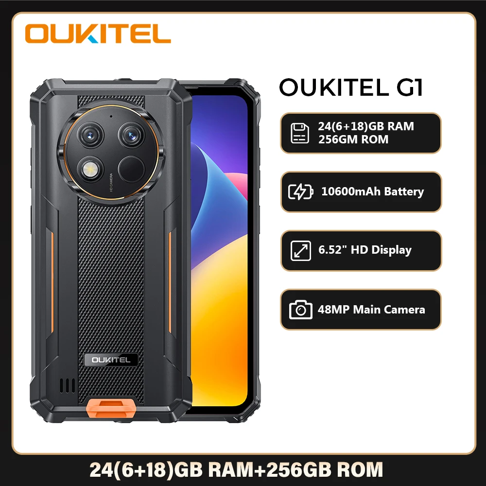 Oukitel-G1 สมาร์ทโฟนที่ทนทาน, Android 14, กล้อง 48MP, โทรศัพท์มือถือ, 24GB + 256GB, 6.52 ''HD +