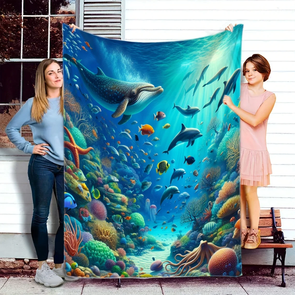 Gift for Friends Blanket Underwater World Ocean Animal Blanket Soft Flannel Sofa Blanket for Couch Office Bed Camping Travel