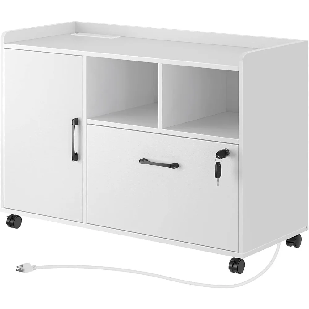 File cabinet for charging station,mobile side file cabinet with locked drawers,printer bracketwith open storage rack with wheels