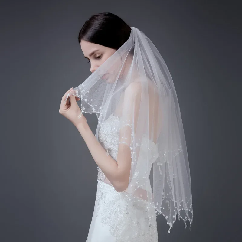 Bride Wedding Veil Double-Layer Pendant Sewing Beads Handmade Veil Pearl Rhinestone Veil Two-Layer Hair Comb Veil