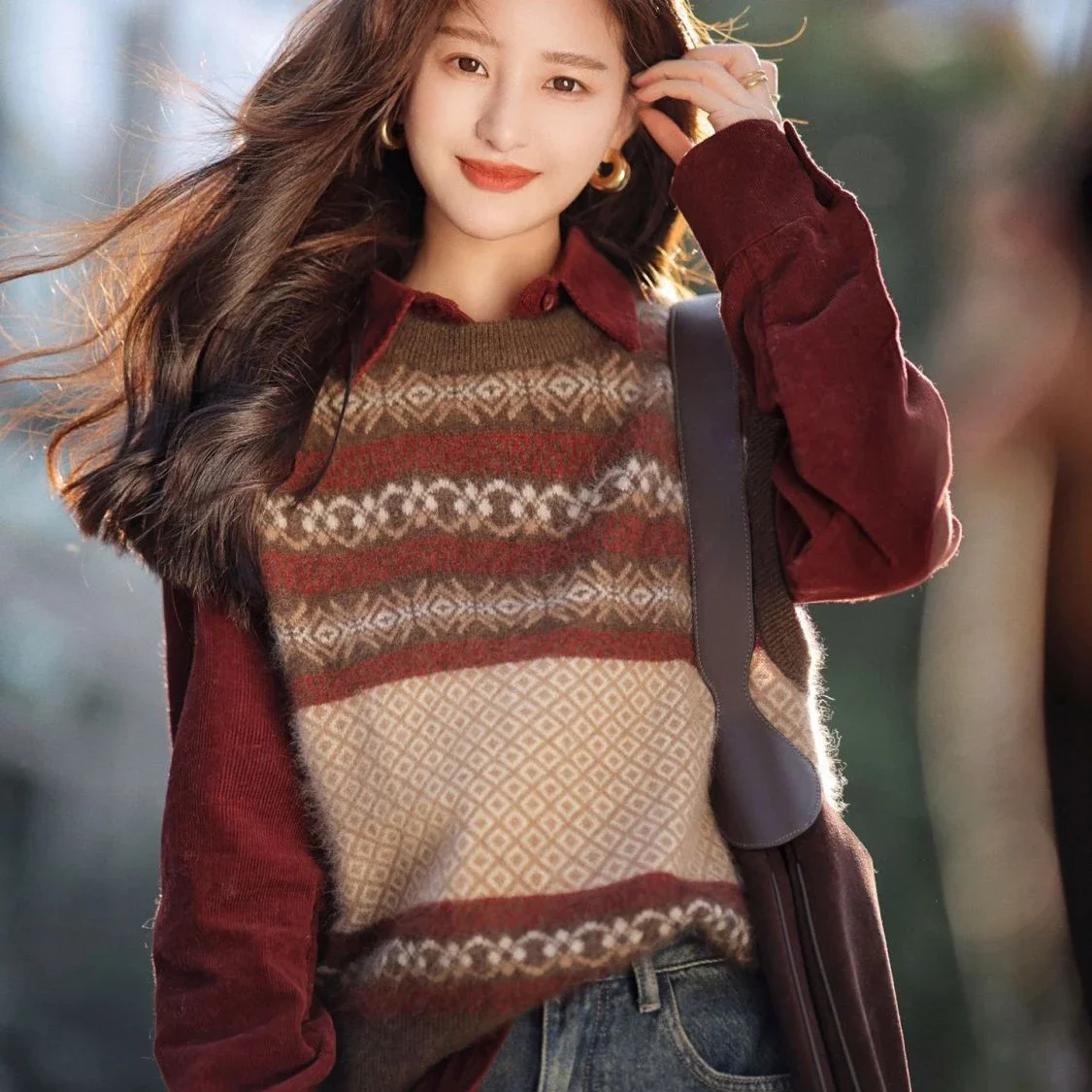 Elegant Retro Sweater Vest for Women, Knitted Sleeveless Top with Corduroy Shirt Two-Piece Set Autumn and Winter Women Clothing