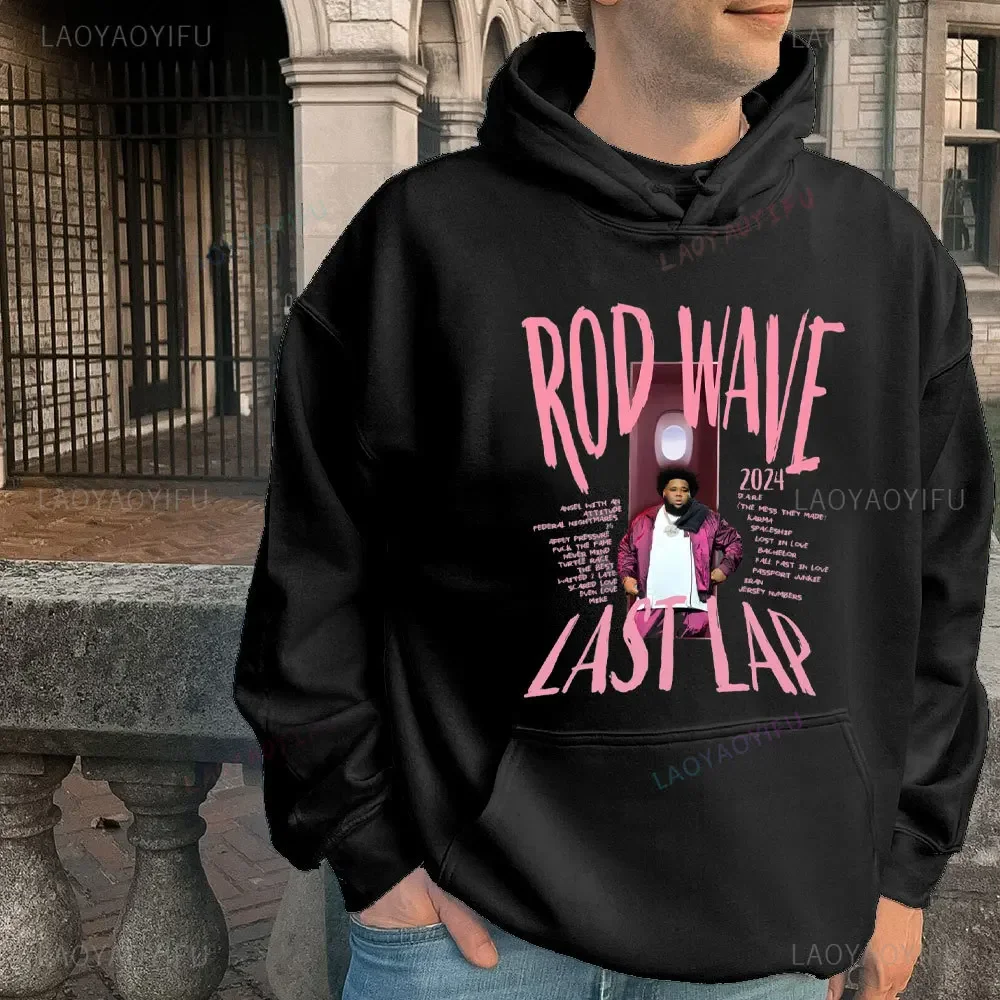 Rod Wave The Last Lap 2024 Rod Ware Design Felpe da uomo e da donna con motivo rosa Felpa con cappuccio nera da uomo Manica con spalle scoperte