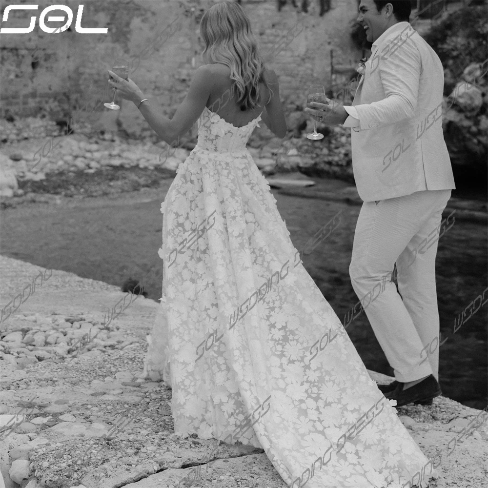 SOL 3D Appliques di pizzo floreale abiti da sposa senza spalline eleganti abiti da sposa senza schienale senza maniche al pavimento Vestidos De Novia