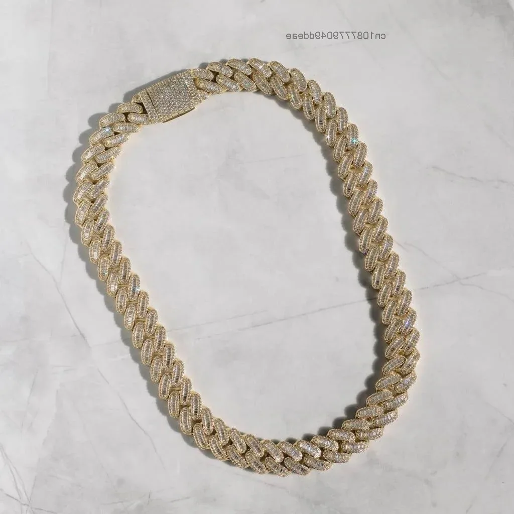 

2022 Hot Sale Shiny 18k Gold Plated 925 Silver 15mm Iced Out Moissanite Baguette Cuban Link Chain