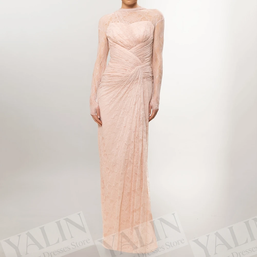 

Women's A-line Evening Dresses Floor-length High-neck Full Sleeve Prom Dresses Fashion Lace Pleat Simple Draped Customized Gowns