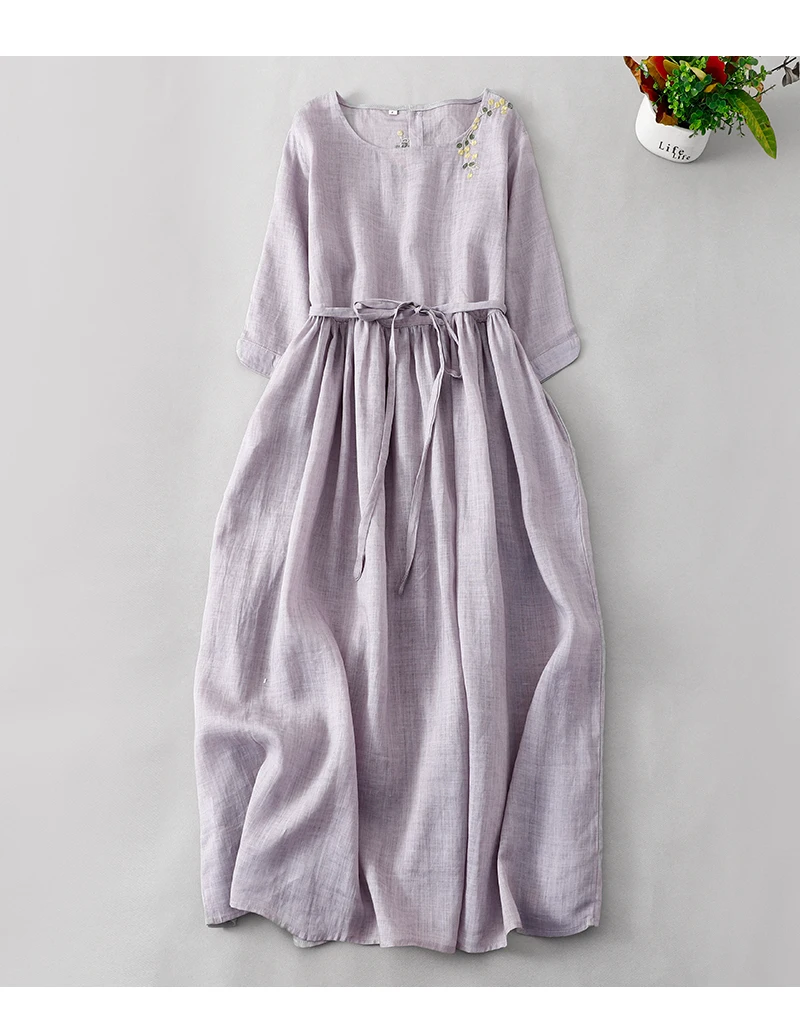 فستان نسائي من الكتان بنصف كم ، رقبة مستديرة ، مطرزة ، فضفاضة ، بسيطة ، أنيقة ، متوسطة ، على الطراز الكوري ، الربيع ، الصيف ، جديد ، ، ، ، ، ،