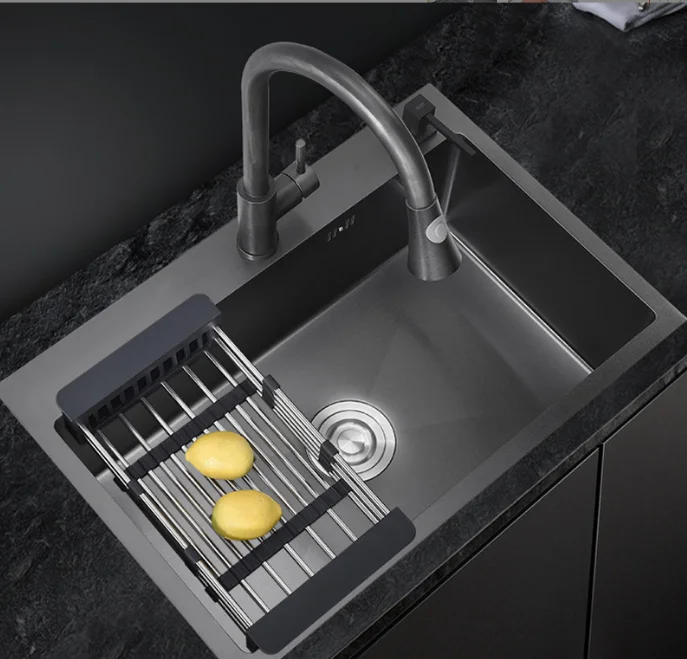 VONNIE Durable Nano Stainless Steel Single Bowl Workstation Sink Black Rectangle One Piece Stone Sink Worktop for Kitchen