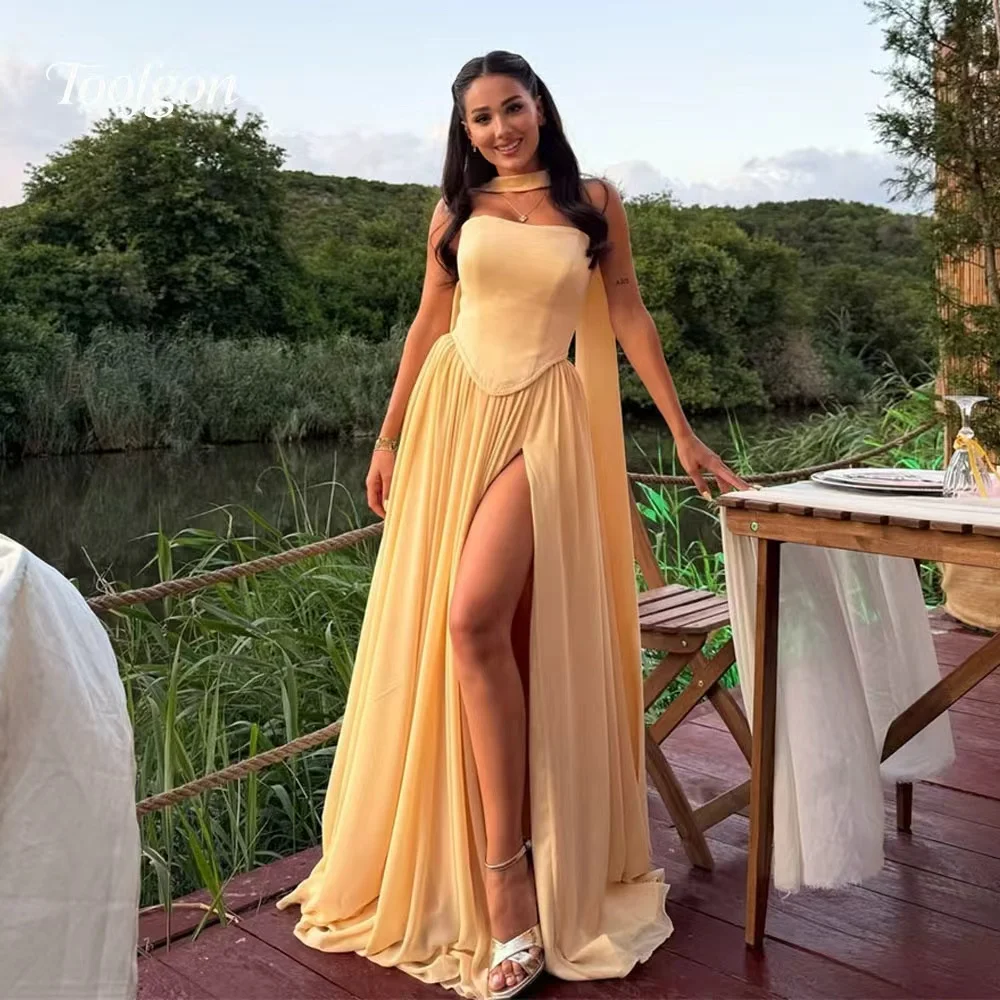 

Toofgon Chiffon A Line Prom Dresses Strapless Shawls High Side Slit Formal Evening Dress Women Vestidos De Gala Customized