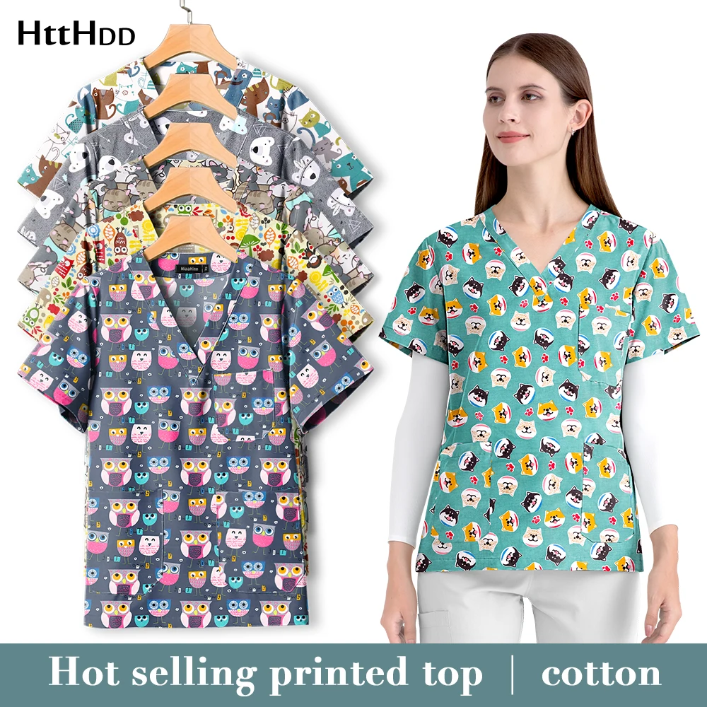 

Wholesale V-neck Print Top Nurses Scrub Uniform Unisex Fashionable Healthcare Surgical Scrub Pediatric Cartoon Work Clothes Mens