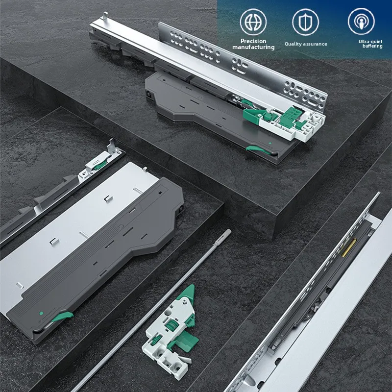 Three Section Concealed Drawer Slides Soft Close Rebound Push Open Zinc Steel Furniture Cabinet Rails Multiple Length Options