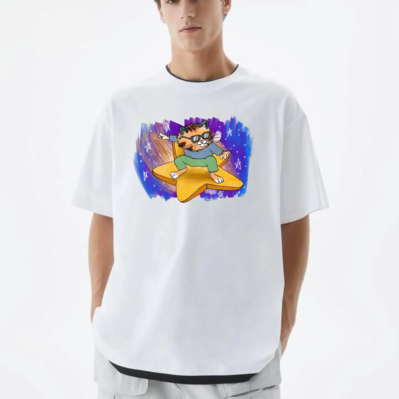 Retro Cartoon Cat T Shirt Cool Feline Surfing Shooting 100 Cotton Novelty Top vintage Washed graphic homme Versatile fashion