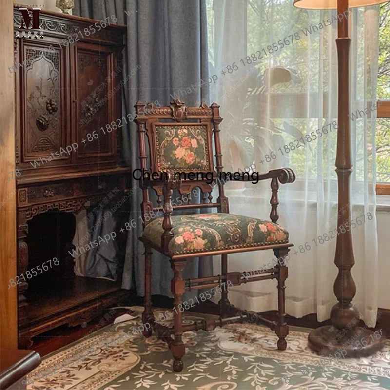 

American country full solid wood carved dining chair fabric French retro book chair old Shanghai classical armchair