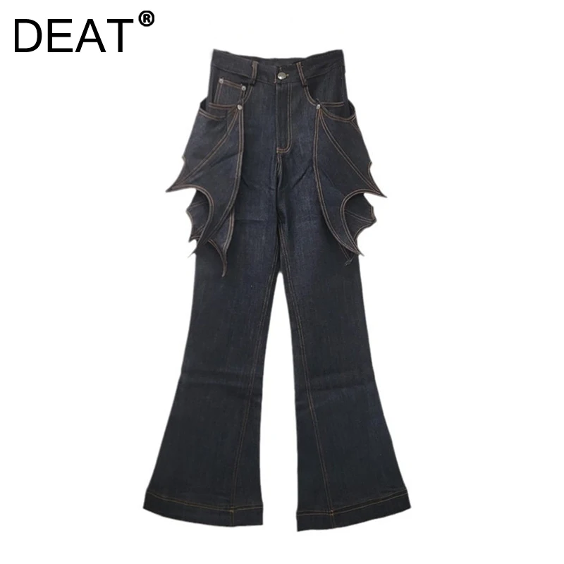 DEAT Women's Jeans Patchwork Irregular Bat Wings High Waist Female Micro Flared Denim Pants 2025 New Fashion Spring 11A01970