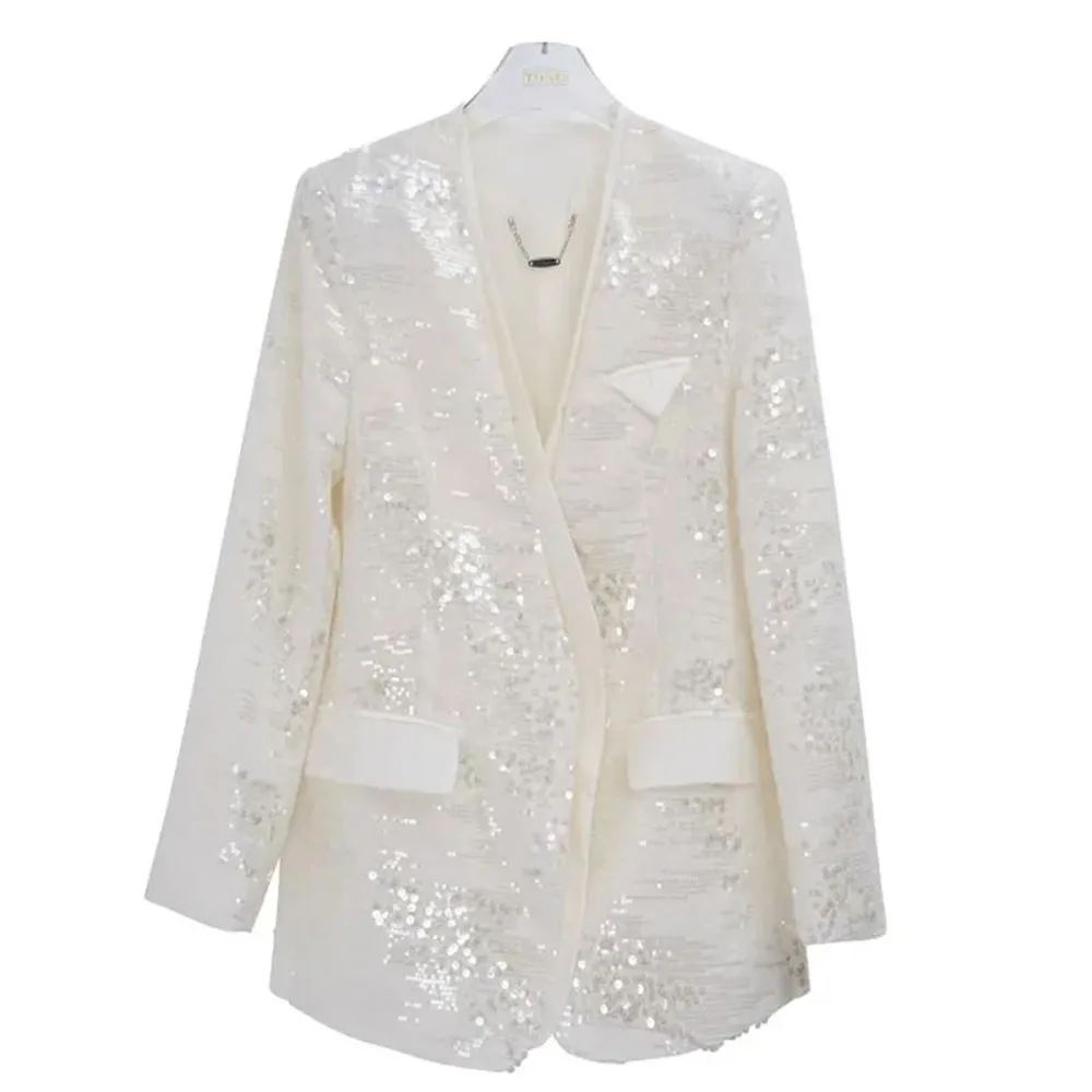 Women\'s Mid Length Shiny Party Casual Sparkling Blazer Top Women New 2023 European V-neck Sequin Tailored Jacket Female Clothing