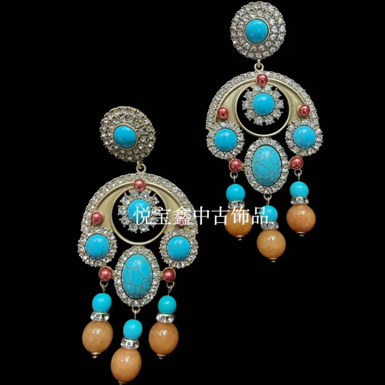 Retro Imitation Turquoise Opal ear stud ethic Exotic stud Earrings  Relief Diamond statement Earrings for Women