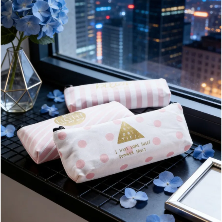 Small Fresh Crystal Powder Striped Canvas Pencil Case, Japanese and Korean Stationery Creative Large-capacity Pencil Case