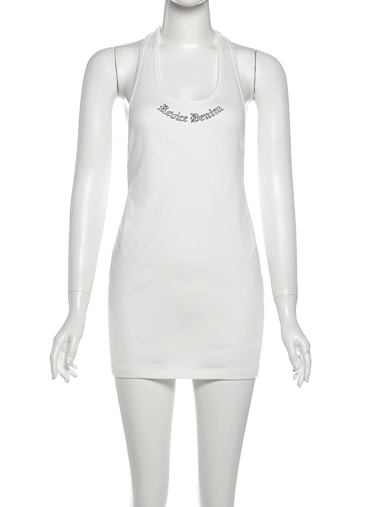 Sisterlinda-vestido Sexy con espalda descubierta y cuello Halter para mujer, ropa para discoteca con estampado de letras y cuello bajo, estilo Hipster, color melocotón, elástico en la cadera, para actividades en la calle