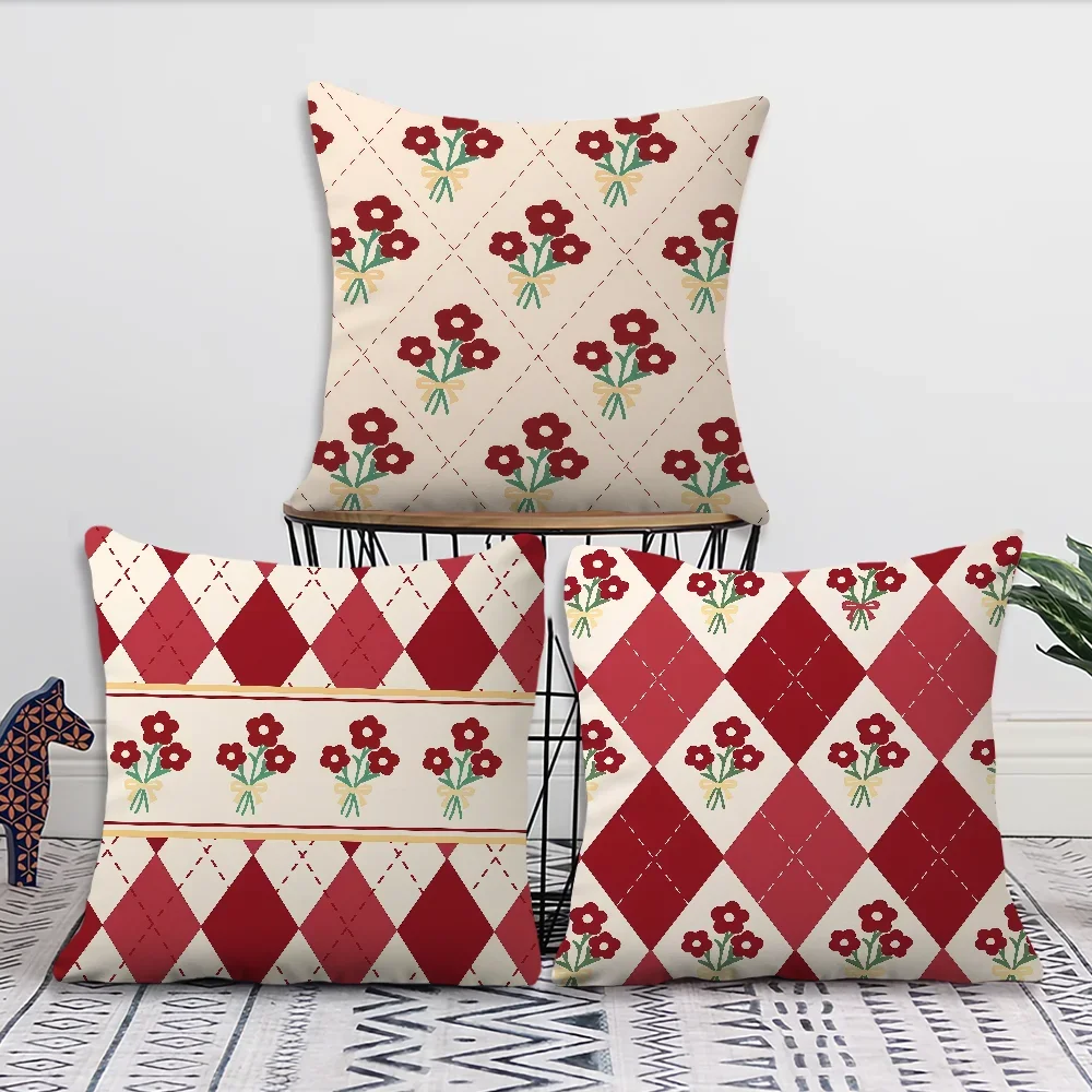 Soft Pillow Case for Bouquet Nice Sofa Rhombus Living Room Home Office Decor Protective Red Covers Without Pillow-Insert