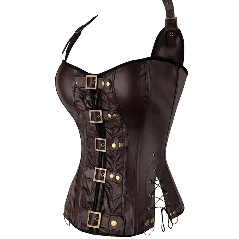 Steampunk Faux Leather Corset Tops Gothic Women Lace-up Halterneck Bustier Shapewear Slimming Waist Shaping Overbust Korset
