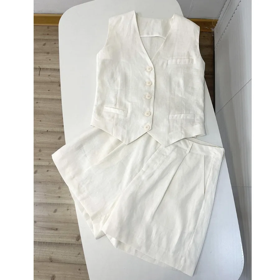 

White Suit Vest Shorts Set Women's Jacket Vest High Waist Shorts Two Piece Set Summer 2024 Fashion Cotton Blend Ensemble
