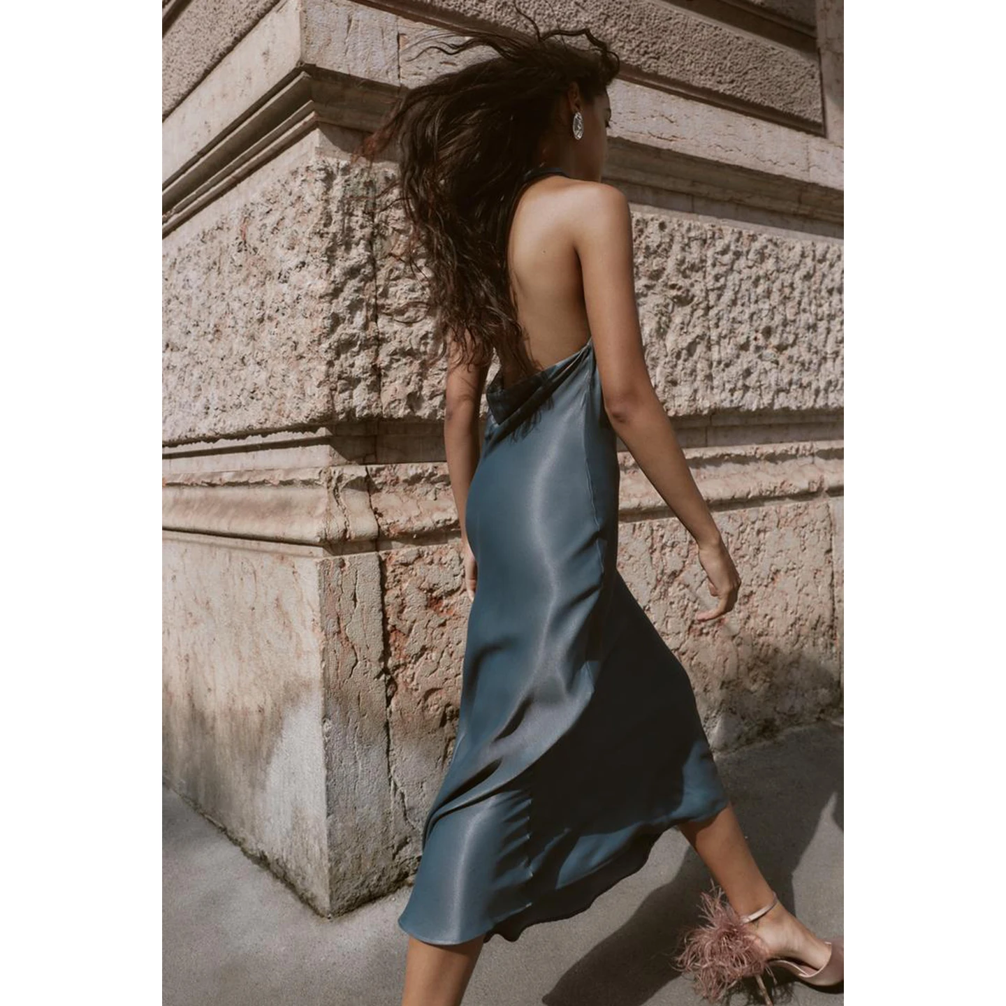 Autunno nuove donne vacanza Sle asimmetrico in rilievo raso di seta texture Midi lungo Dr V-ne A-line Slim Fit Casual Dr