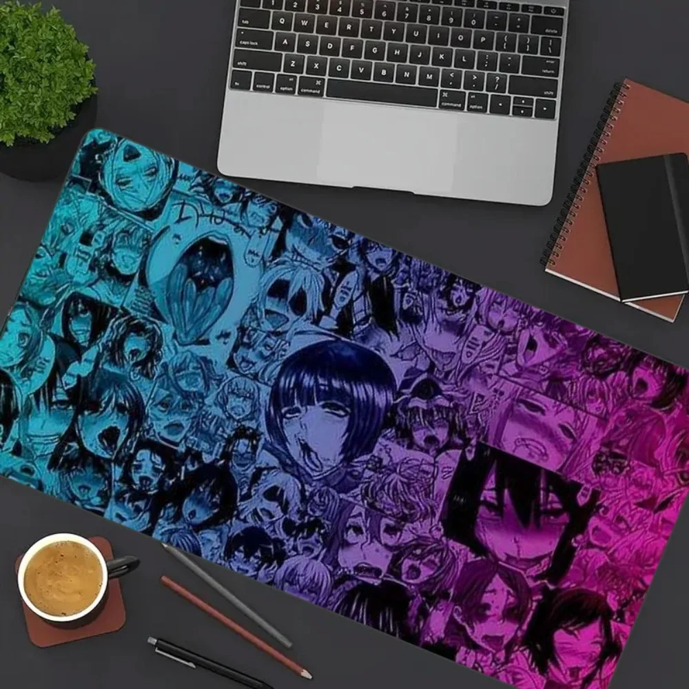 1pc Ahegao Anime Collage Gaming Mouse Pad, Non-Slip Office Desk Mat, Blue Purple Gradient, Water-Resistant Keyboard Pad
