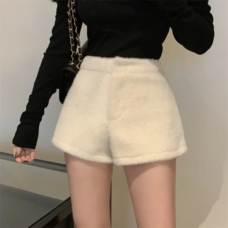 

Hsa Winter Warm Fleece shorts for women in winter Spicy Girl A-line bottom pants, high waisted wide leg straight leg hot pants