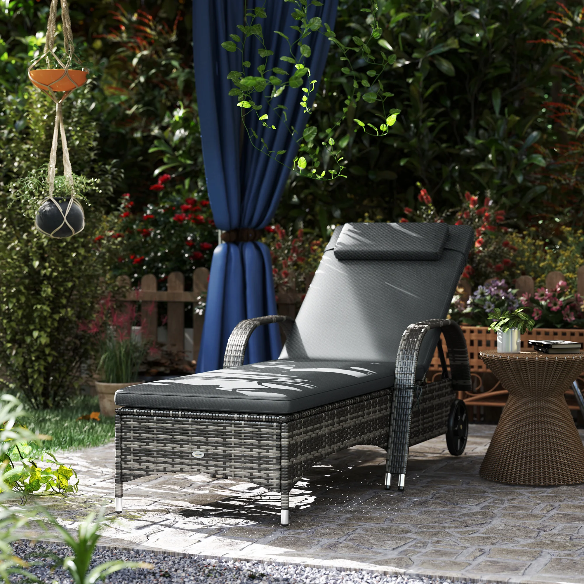Outdoor Reclining Sofa, Cushion, Armrests, Headrest, PE Rattan, Rolling, Grey